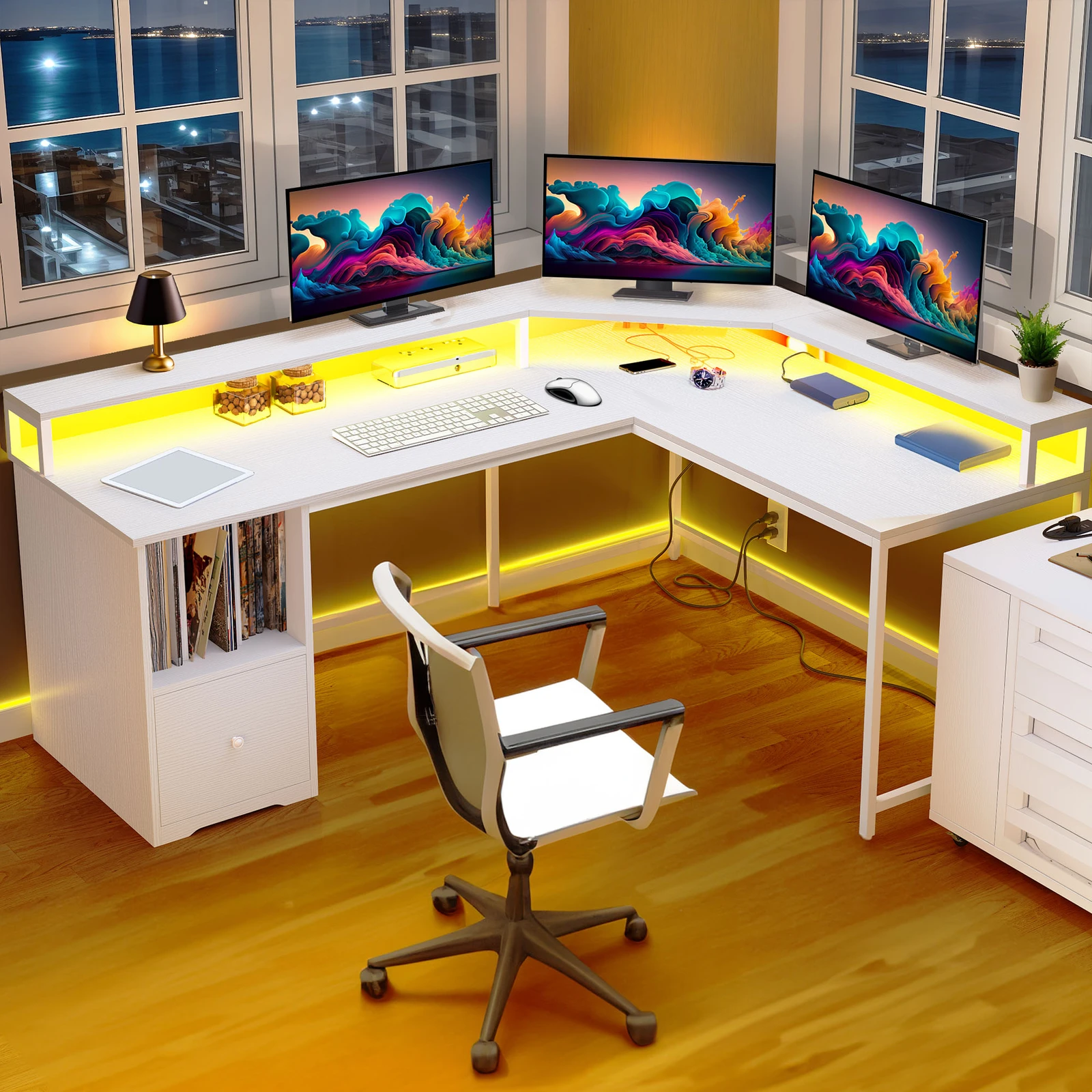 

L Shaped Gaming Desk Corner Computer Table PC Monitor Stand w/ Drawer LED Lights