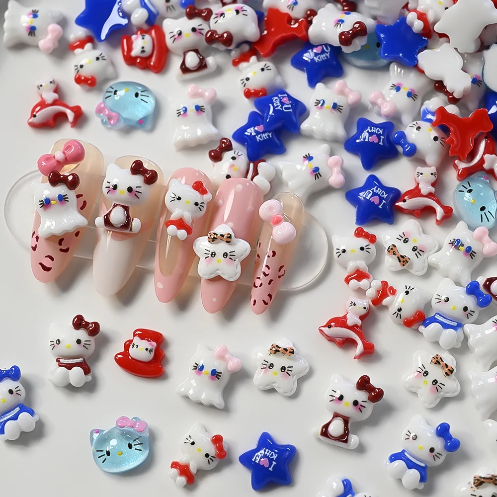 50 Uds. De dijes Kawaii de dibujos animados de gatito y gato para decoración de uñas, resina mixta de verano, lazo de leopardo de Hello Kitty, decoración de uñas, piezas de joyería para manicura