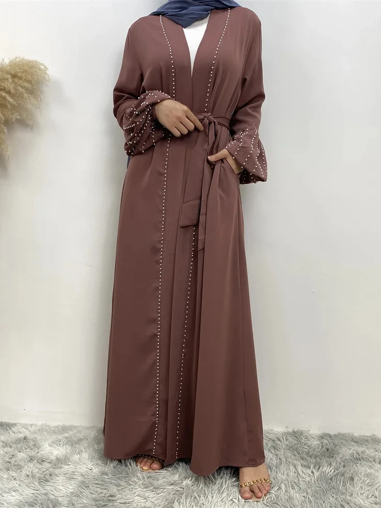 Eid Abaya for Women Muslim Dress Beading Lantern Sleeve Dubai Ramadan Cardigan Pearls Abayas Jalabiya Belt Kaftan Robe Arab 2024