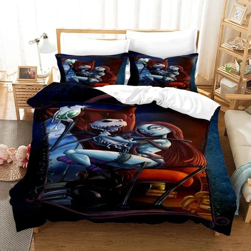 Juegos de cama con dibujos animados de Jack y Sally para niños, bebés, niñas y adultos, funda nórdica, funda de almohada, funda de edredón