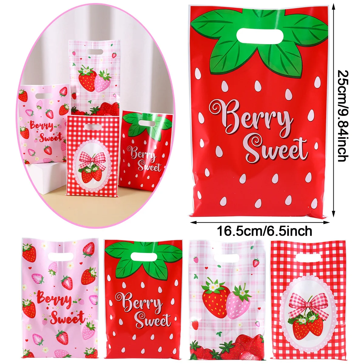 10/20/50 Stück Rosa Erdbeer-Gänseblümchen-Handtaschen Party-Geschenkverpackungen Erdbeer-Geburtstagsparty-Zubehör Geschenktüten – Detail 8