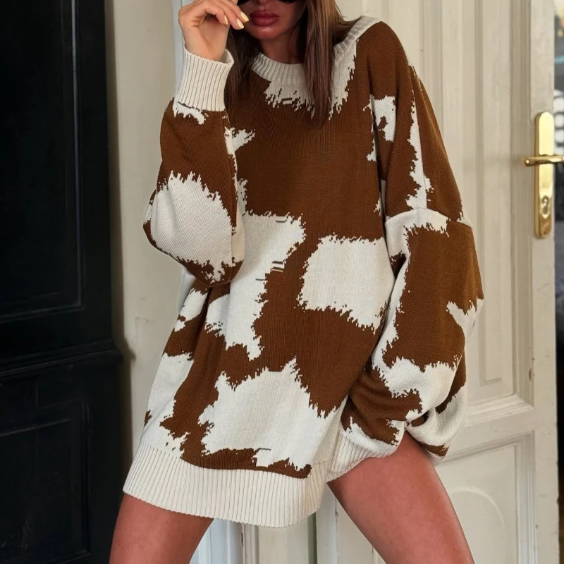 

Fashionable Design Sense Pullover Wool Woven Cow Pattern Sweater, Lazy, Casual, Loose, Niche, Versatile Women's Style