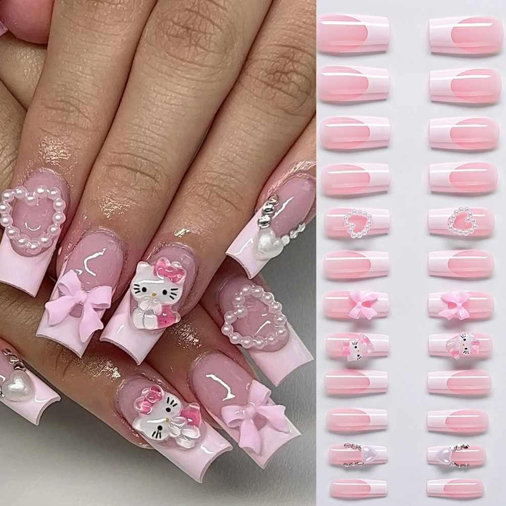 24枚入り ハンドメイド ピンク フレンチ ハローキティ つけ爪 カワイイ キティ猫/パール/リボン ロングバレリーナ風付け爪 漫画風キティネイルチップ