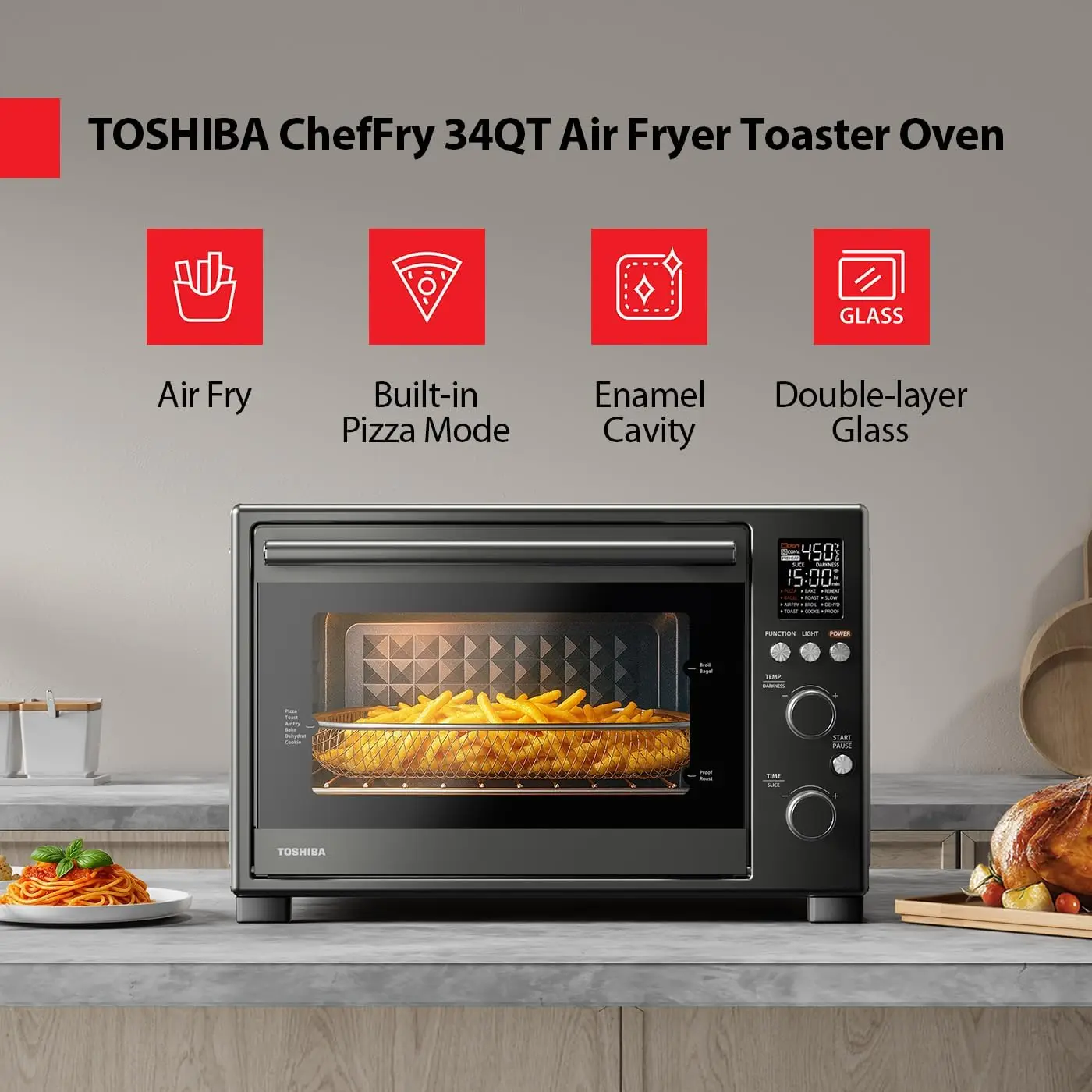 Air Fryer Toaster Oven Combo, 12-in-1 Convection Countertop Oven, 34QT / 32L Large Capacity, 1750W, with Master Pizza Modes Desi