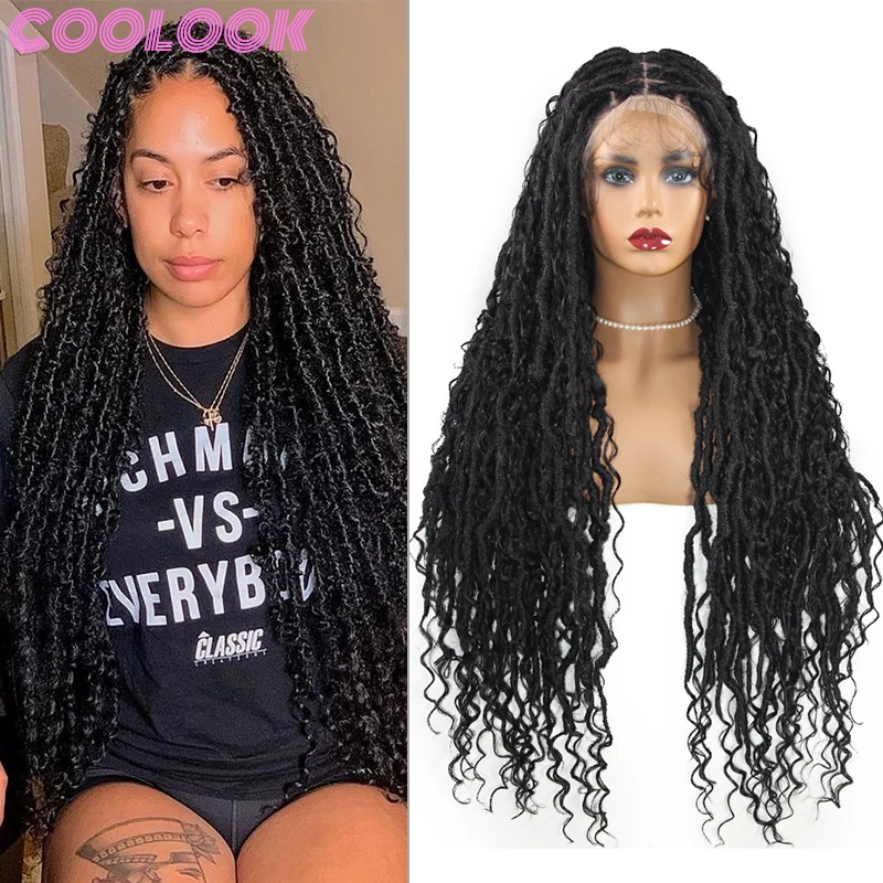 32'' Synthetic Full Lace Twist Braided Wigs Black Bohemian Silky Braids Wig Heat Resistant Lace Frontal Braid Wig with Curly End