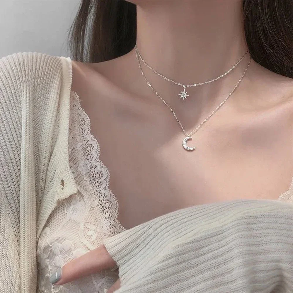 SUMENG 2024 Simple Double Layer Star Moon Charm  Multilayered Necklace Delicate Clavicle Chain Zircon For Women Fashion Jewelry