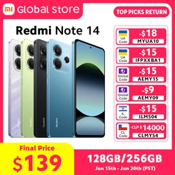 새로운 글로벌 버전 샤오미 레드미 노트 14 스마트폰 128GB / 256GB ROM 미디어텍 Helio G99-Ultra 33W 120Hz AMOLED 108MP 5500mAh