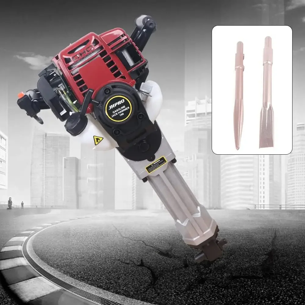 Powered Jack Hammer 37.7CC 4-Stroke Petrol Breaker Punch Drill with 2 Chisels Gas Power Demolition Jack Hammer Concrete Breaker