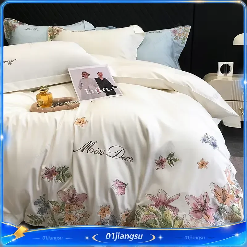 Luxury White Egyptian Cotton Bedding Set Floral Embroidery Duvet Cover Fitted Sheet Mattress Protector Pillowcases Soft