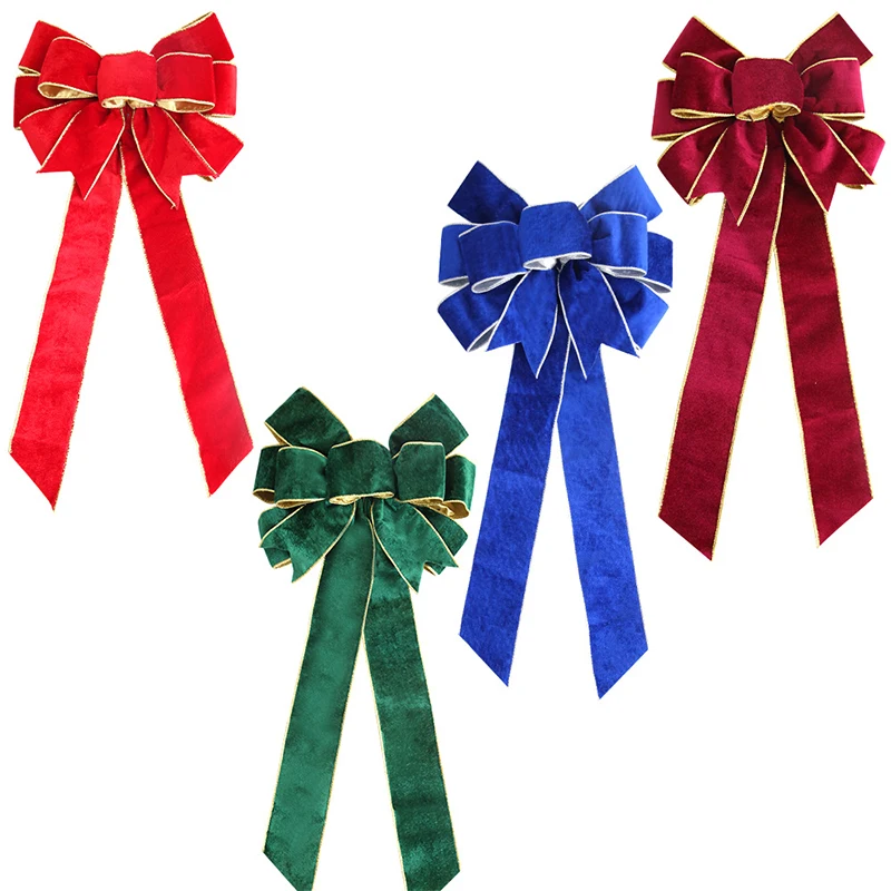 60cm Christmas Bows Outdoor Decorations Christmas Tree Topper Velvet Bow with Glitter Gold Edge for Xmas Home Door Wall Decor