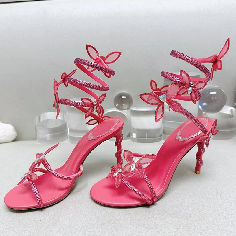 الصيف صنادل كعب عالٍ للنساء حجر الراين فراشة الأفعى خيوط حول الكاحل حزام أحذية الحفلات امرأة الكعب الصنادل امرأة #5