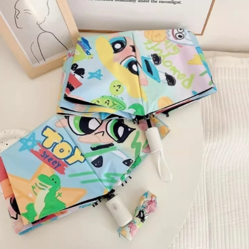 The Powerpuff anak perempuan kartun lucu perlindungan matahari otomatis hujan atau bersinar payung vinil pelajar lipat hadiah liburan