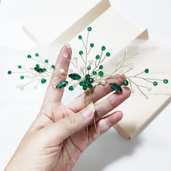 Hair Pins for Women Head Jewelry Wedding Hair Accessories Green Rhinestone Handmade Bridal Headwear Prom Bride Headwear