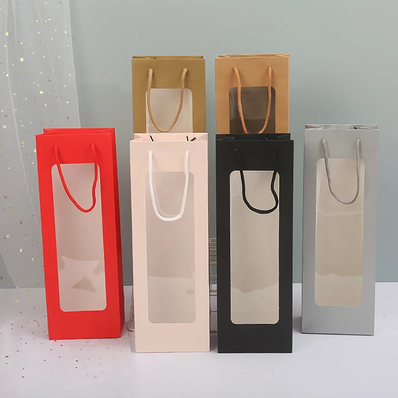 Nuova singola borsa Tote vino rosso finestra PVC trasparente carta Kraft fiore bambola confezione regalo rettangolare