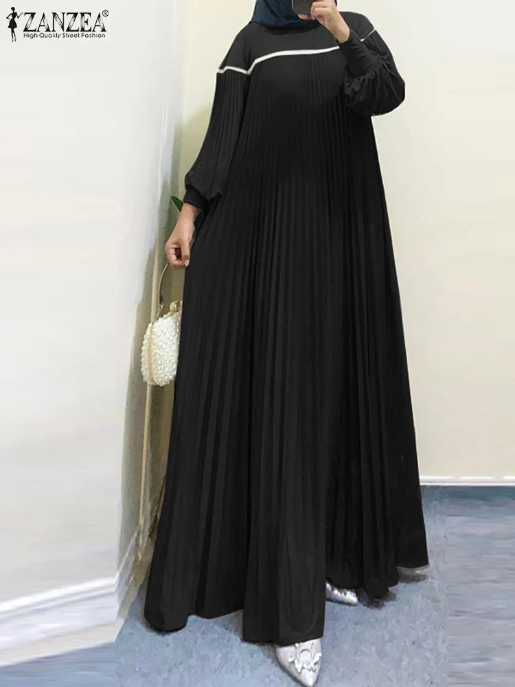 2025 ZANZEA Muslim Hijab Dresses Turkey Dubai Abaya Women Elegant Long Sleeve Pleated Robe Maxi Sundress IsIamic Clothing Kaftan