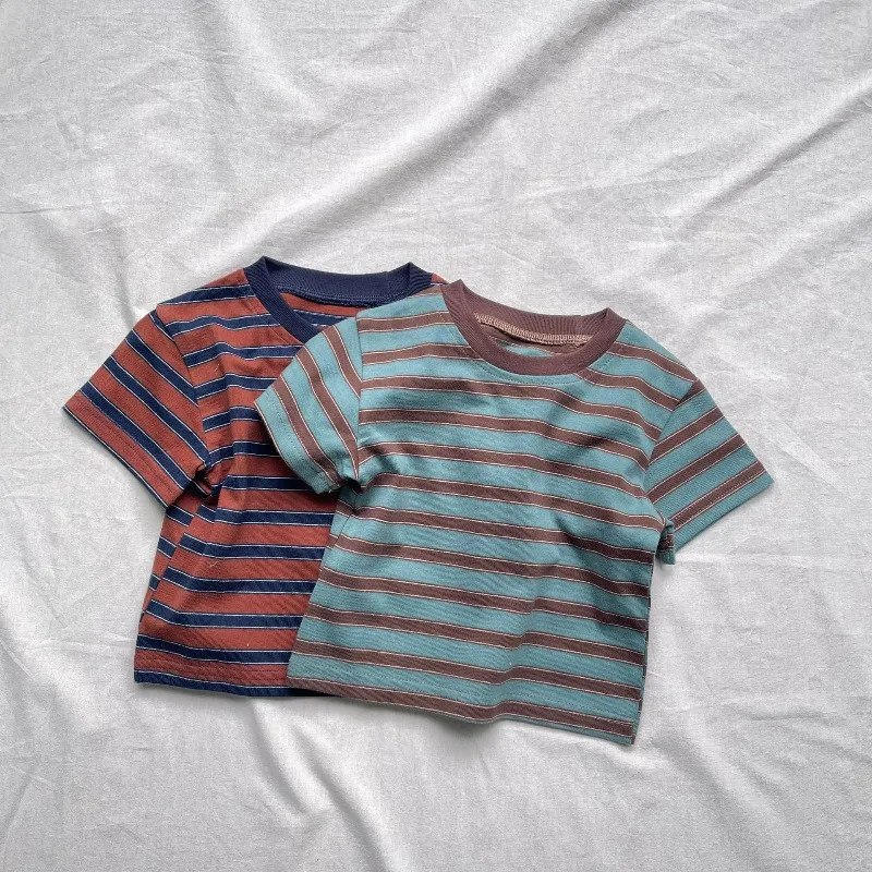 Bellbell Summer Baby Tees Thin Striped Infant Boy Short Sleeves Casual Round Collar Kid Girls Pullovers Tops 0-2T Girls T-shirts