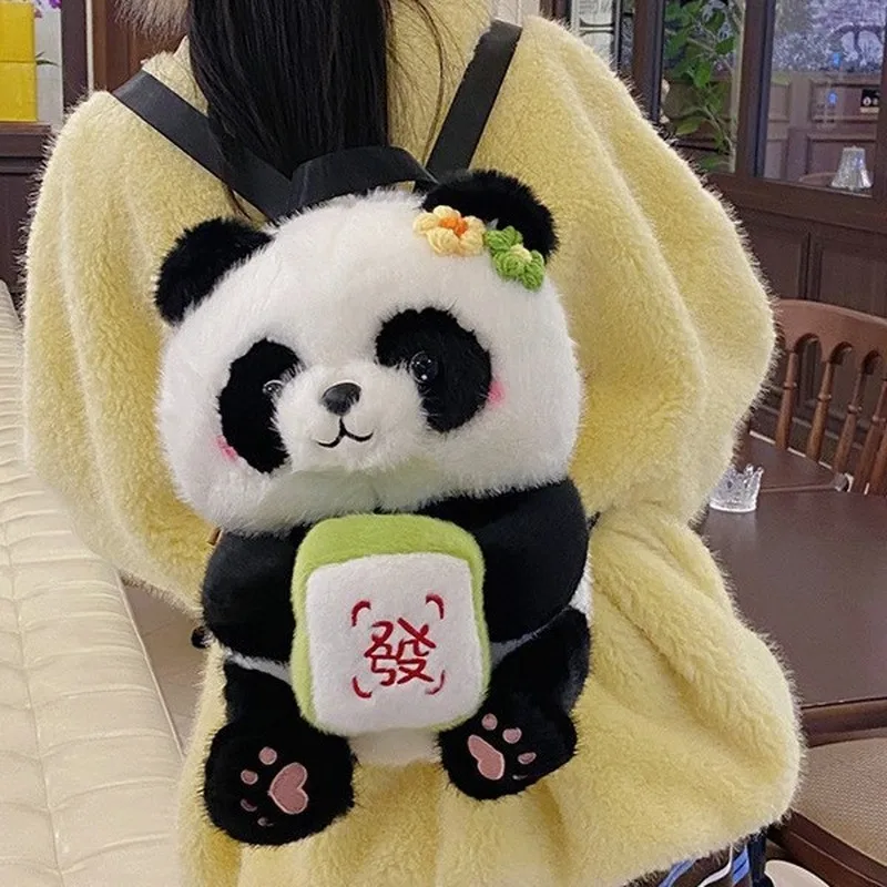 Cute Panda Flowered Plush Backpack Lightweight Travel Bag Women's Cartoon Money Apple Stuffed Animal Pack Small Travel Backpack