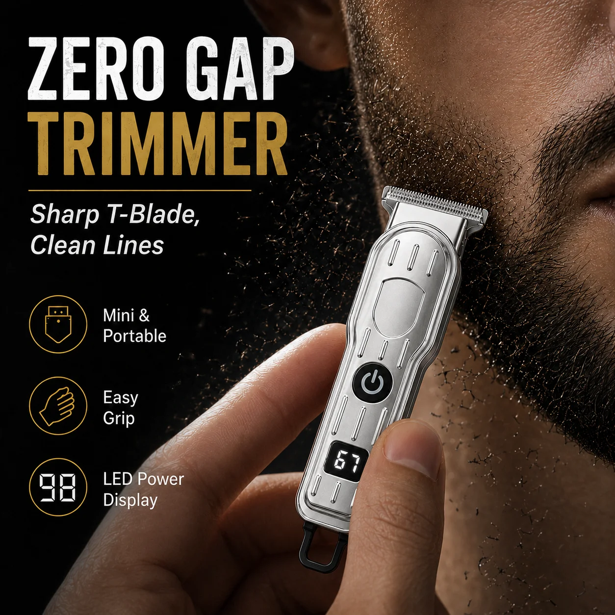 Compact and Portable Mini Electric Hair Clipper for Men, with Digital Power Display, Four Types of T-Shaped Blade Guide Combs, Type-C Rechargeable Cordless Hair Trimmer, Suitable for Trimming Hairline, Sideburns, Back of Neck, Short Hair, and Beard Contours, Travel and Home Hair Grooming Tool, Four Guide Combs, Multiple Length Settings, Mini Body Design, Fits in a Toiletry Bag or Suitcase for Convenience