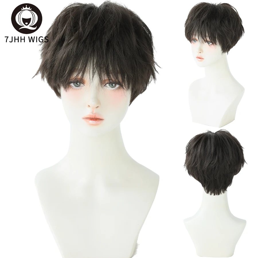 7JHH WIGS Short Bob Black Wigs For Women Curly Crochet Male Hair With Bang Synthetic Heat Resistant Brown Daily Wear Wig