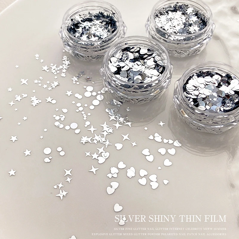1 Jar Shiny Silver Sequins Mix Shapes Starlight Love Star Slice Decals Manicure Paillette Charms Nail Art Stickers