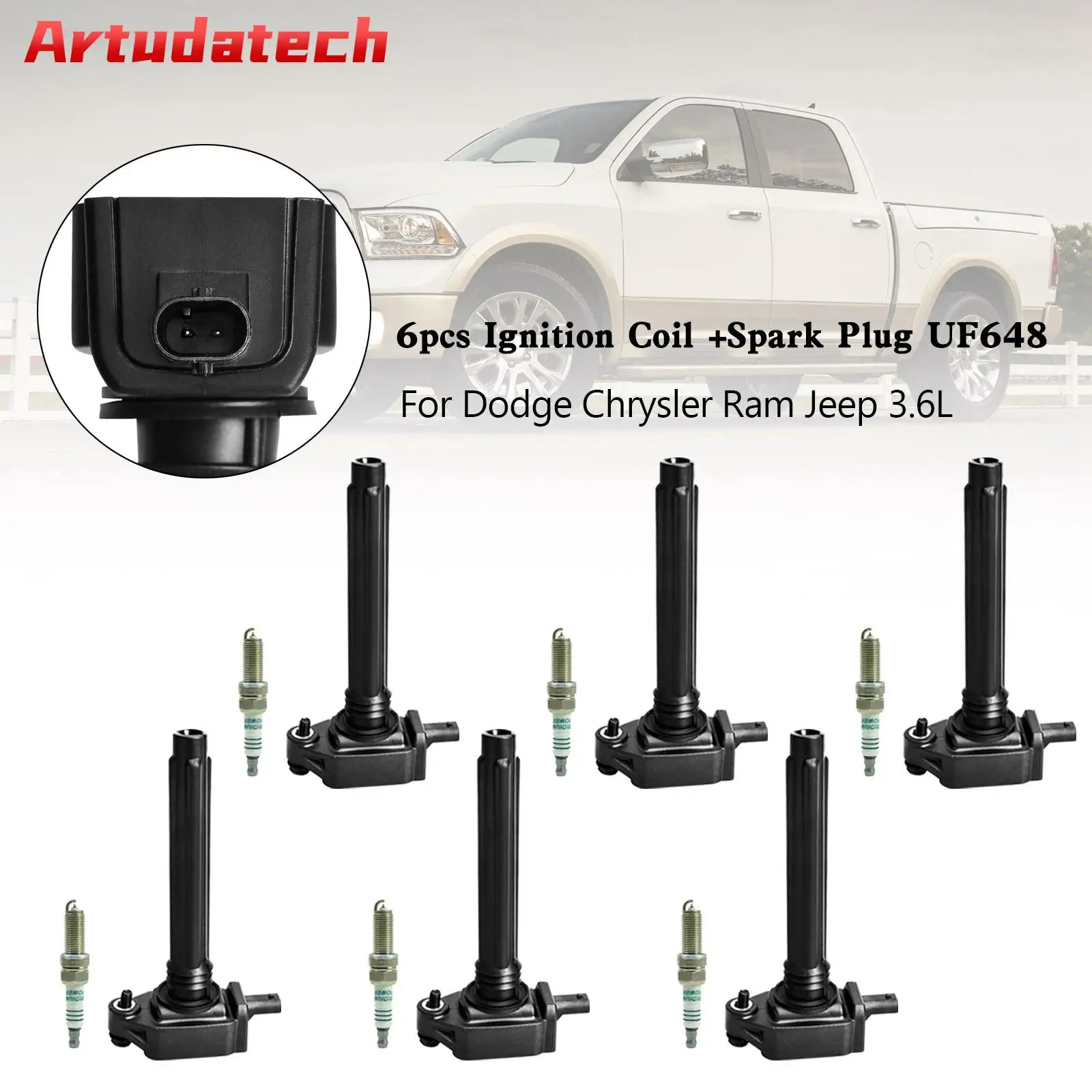 

Artudatech 6pcs Ignition Coil +Spark Plug UF648 For Dodge Chrysler Ram Jeep 3.6L Car Accessories