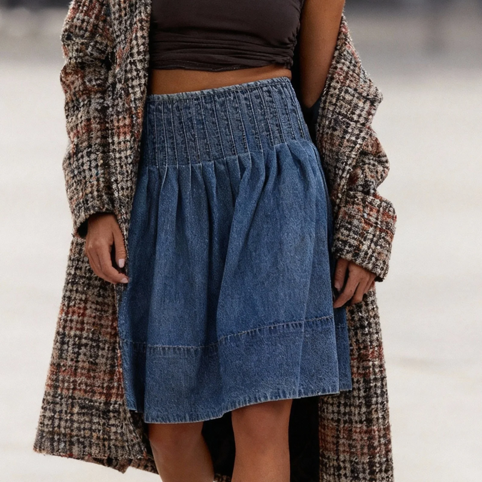 Damska spódnica midi z denimu wysokiej jakości, z wysokim stanem, o kroju litery A, do kolan, codzienna spódnica jeansowa na co dzień, do biura i na imprezę.