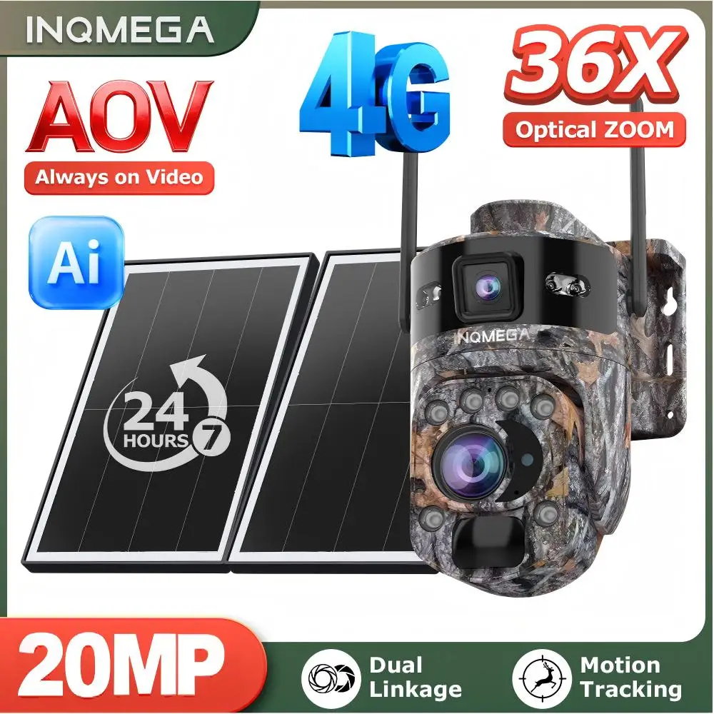 INQMEGA 20MP Solar Camera 4G/WIFI Outdoor Dual Screen 36X Zoom PTZ PIR Human Detect 7/24 AOV Camera Waterproof Night Vision CCTV