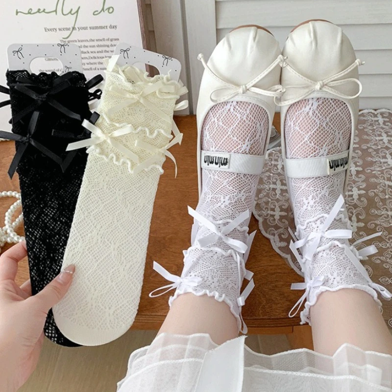 New Cute Bowknot White Socks JK Cos Lolita Lace Ruffled Edge Pile-up Socks Women Summer Thin Ballet Style Fishnet Mid-calf Socks