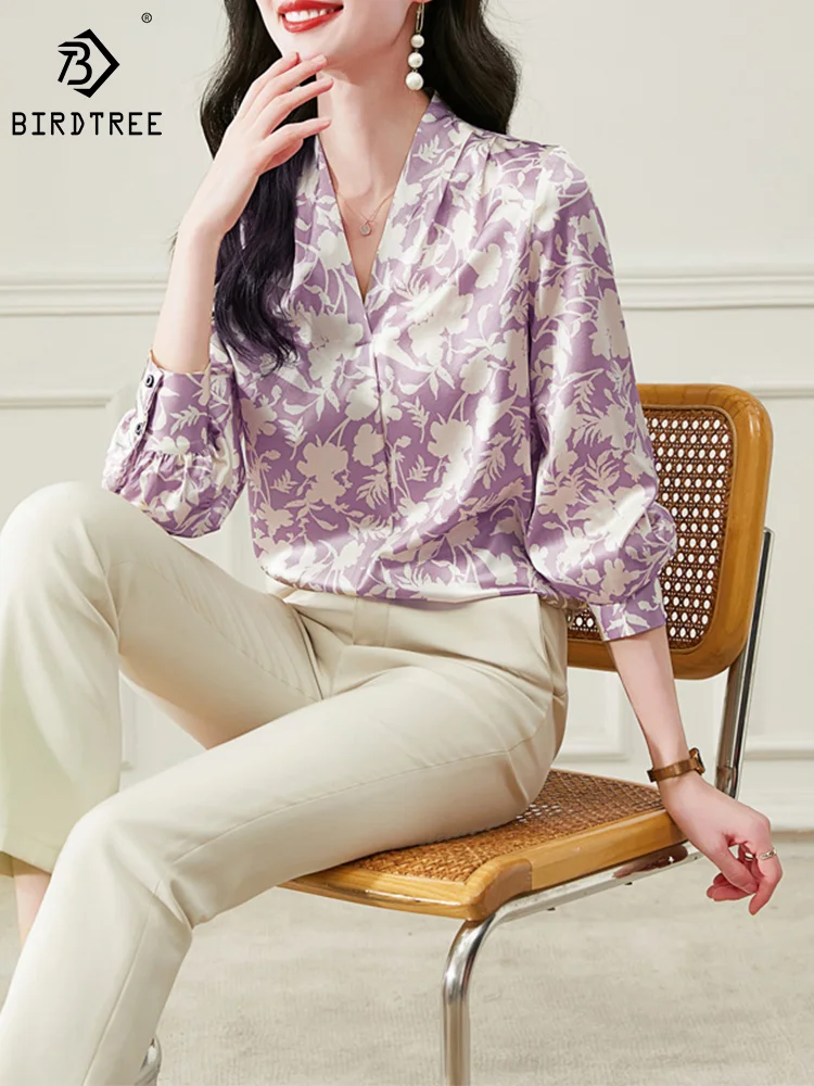 

BirdTree 19MM 90% Real Silk Elegant Shirt, Women Long Sleeve V-Neck, OL Elegant Commute Blouses, 2024 Spring Summer New T43354QM