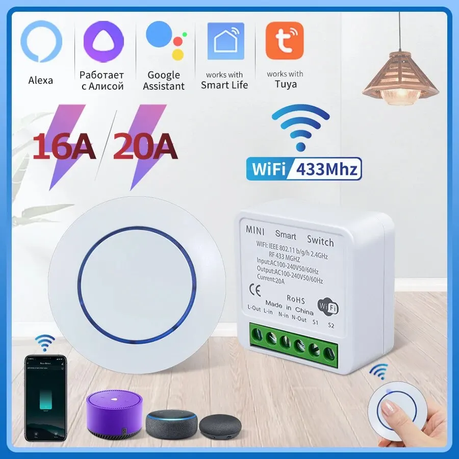 Tuya Smart Wifi Switch RF433Mhz Bezprzewodowy włącznik światła 16A/20A Przekaźnik Smart Life App Zdalne sterowanie głosowe z Alexa Google Home