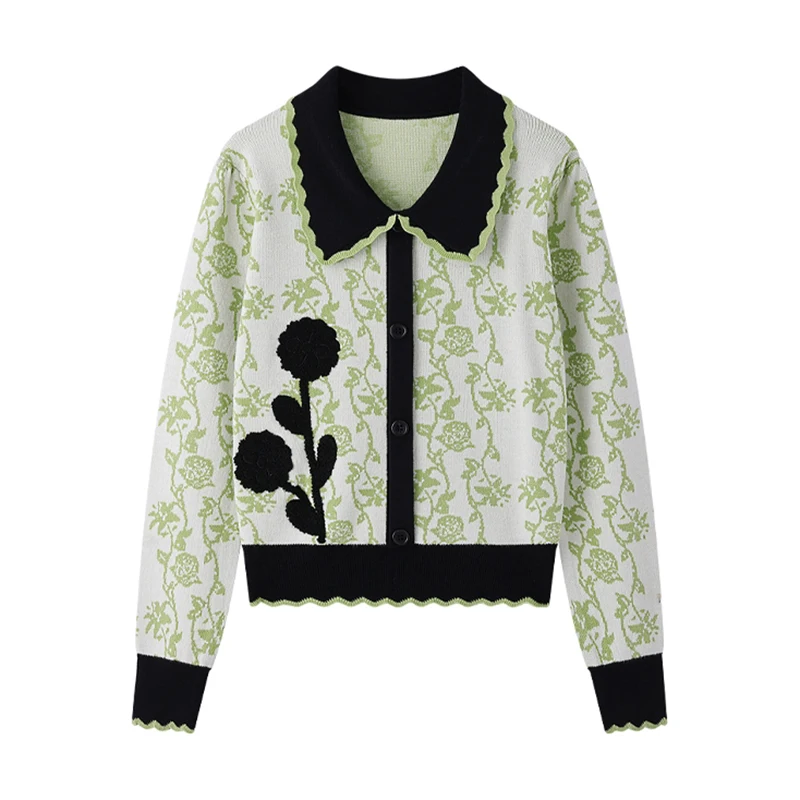 Primavera otoño suéter de Jacquard verde mujer elegante cuello vuelto manga larga florales tejidos Tops jerseys Jumpers