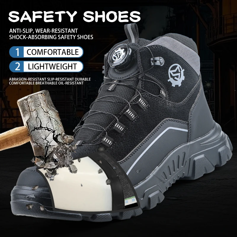 High Top Knob Buckle Safety Shoes, Mining Boots, Work Shoes, Anti-Smashing and Anti-Piercing Lightweight