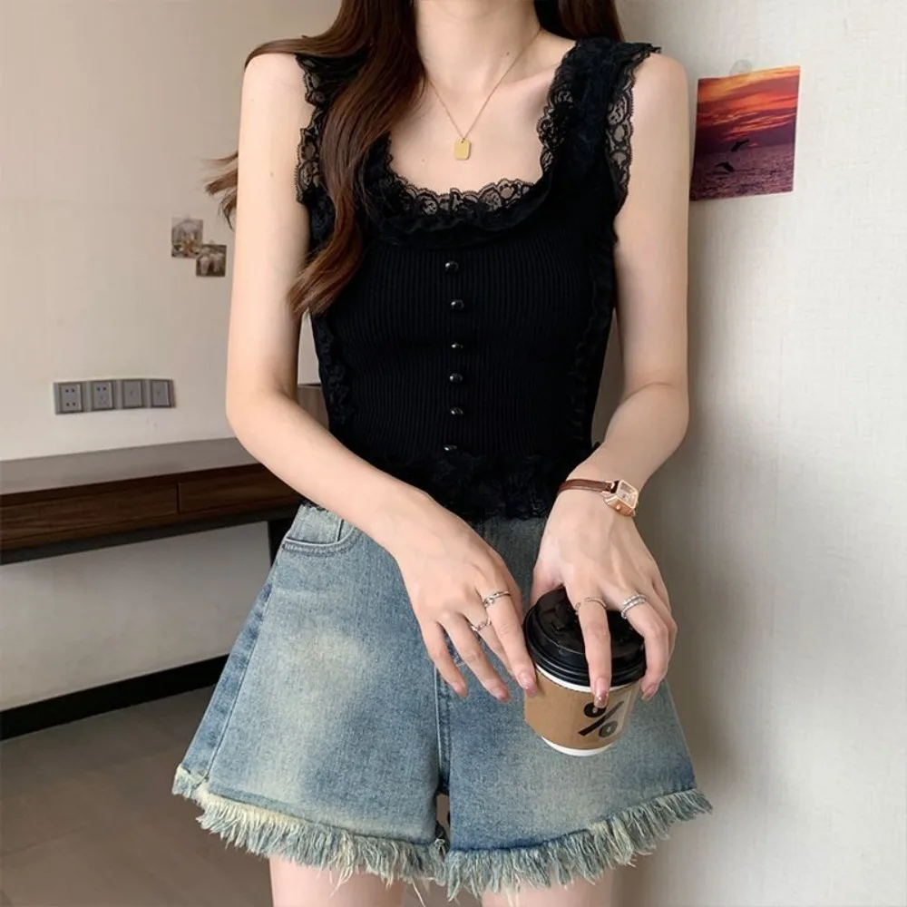 

Summer Lace Knitted Sling New Spice Girl Slim Short Top Outerwear Beautiful Back Sleeveless Top Beach Vacation