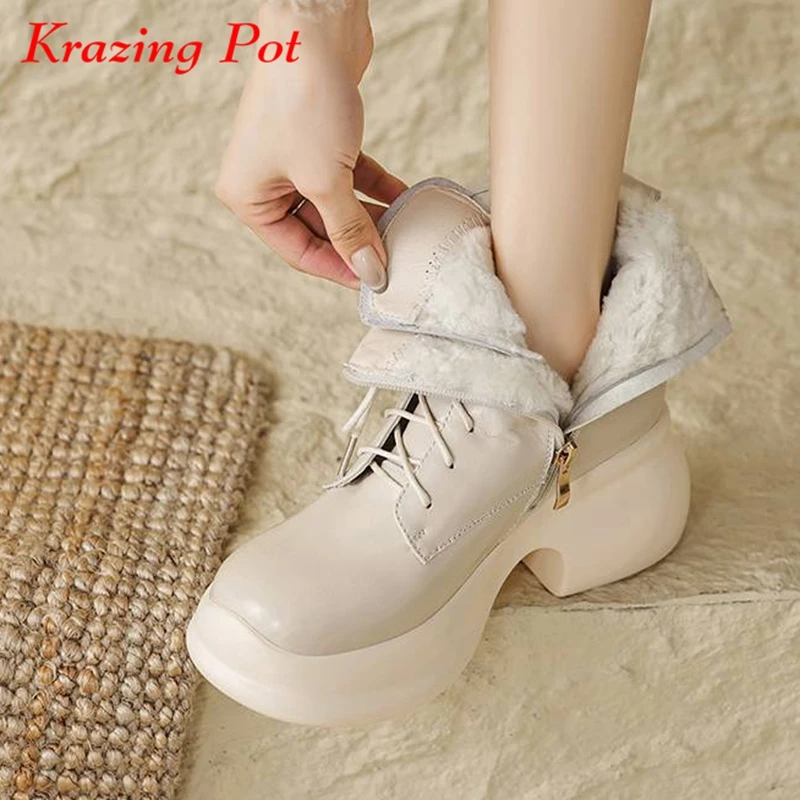 Krazing Pot Cow Leather Fur Round Toe Winter Keep Warm Snow Boots Thick Bottom Wool Blend Lace Up British Platform Ankle Boots