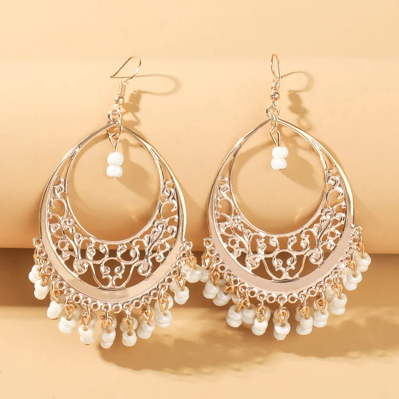 

Bohemian Earrings Spliced Circle Matte Color-Block Stud Earrings Elegant Personality Rice Bead Tassel Trendy Women's Earrings