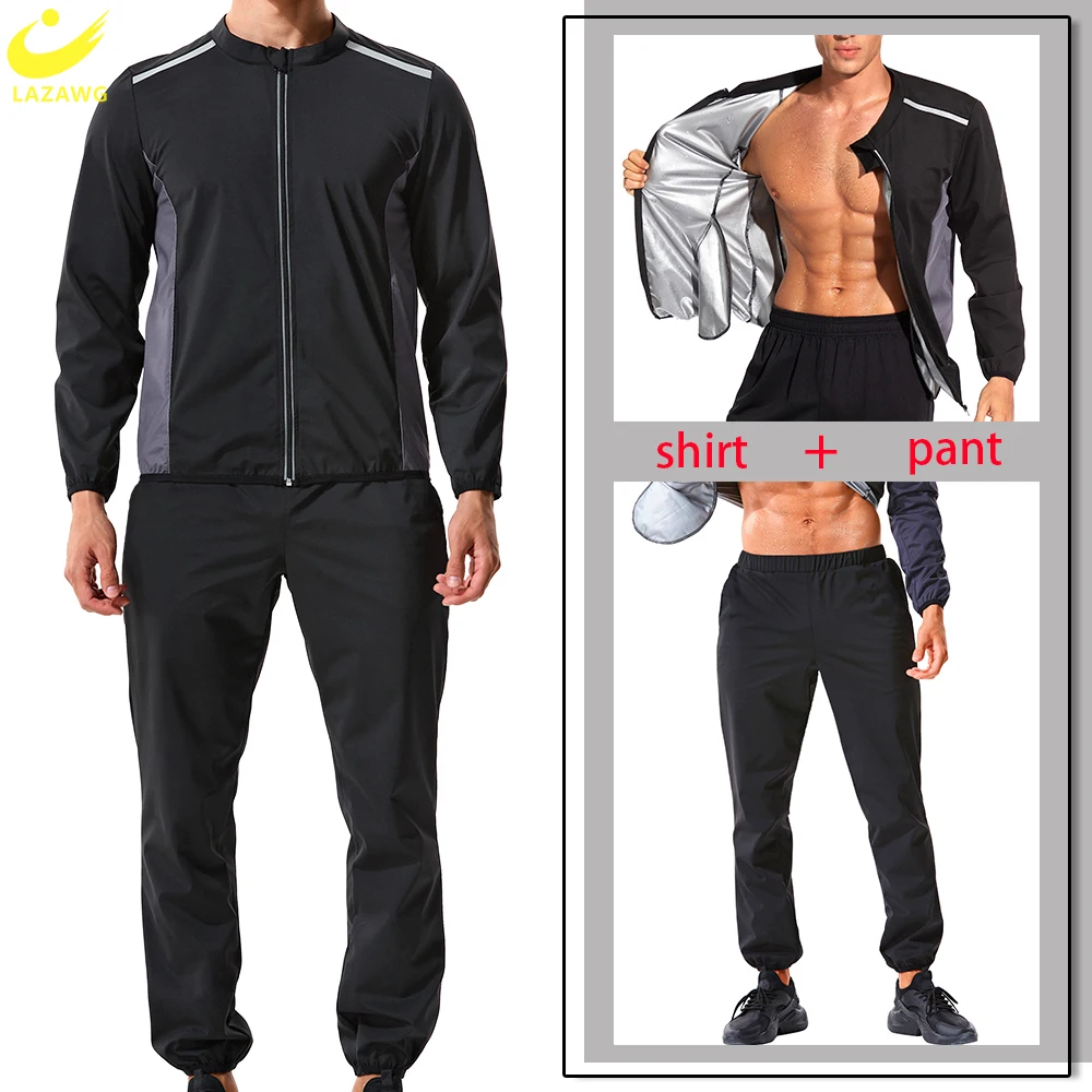 LAZAWG Men Sauna Suit Sweat Set Weight Loss Jacket Pants Slimming leggings Top Zipper Thermal Workout Fitness Sport Fat Burner