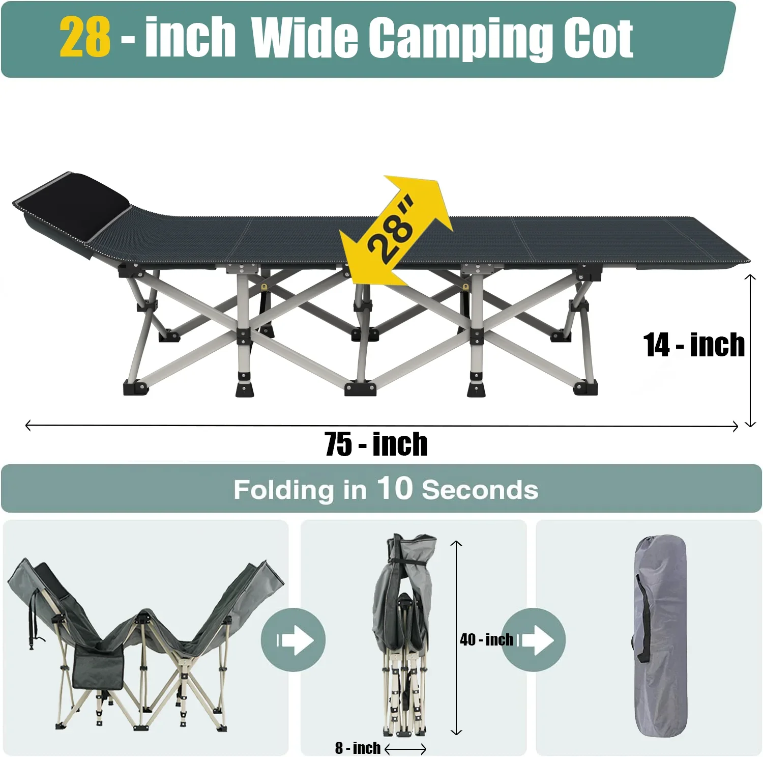 XXL Camping Bed/Camping Cots For Adults, Portable & Foldable Folding Cot Bed With 4" Cozy Mattress, Easy-to-Carry Outdoor Daybed image 6