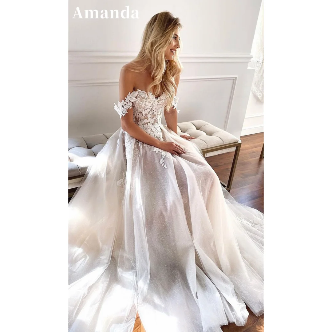 Amanda White Lace Embroidery vestidos de noche Off the Shoulder Prom Dresses Sweep Train Sleeveless Tulle Formal Evening 2024