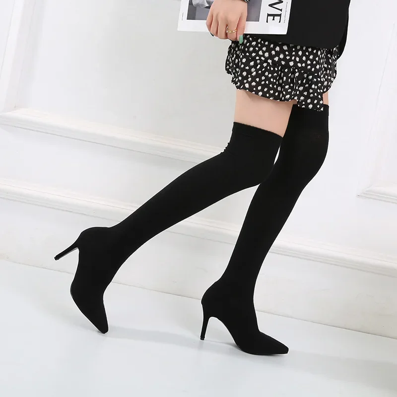 Autumn Winter Cozy Thigh High Sock Boots Women Black Stretch Fabric Pointed Toe Thin High Heel Over The Knee Slip on Botas Shoes