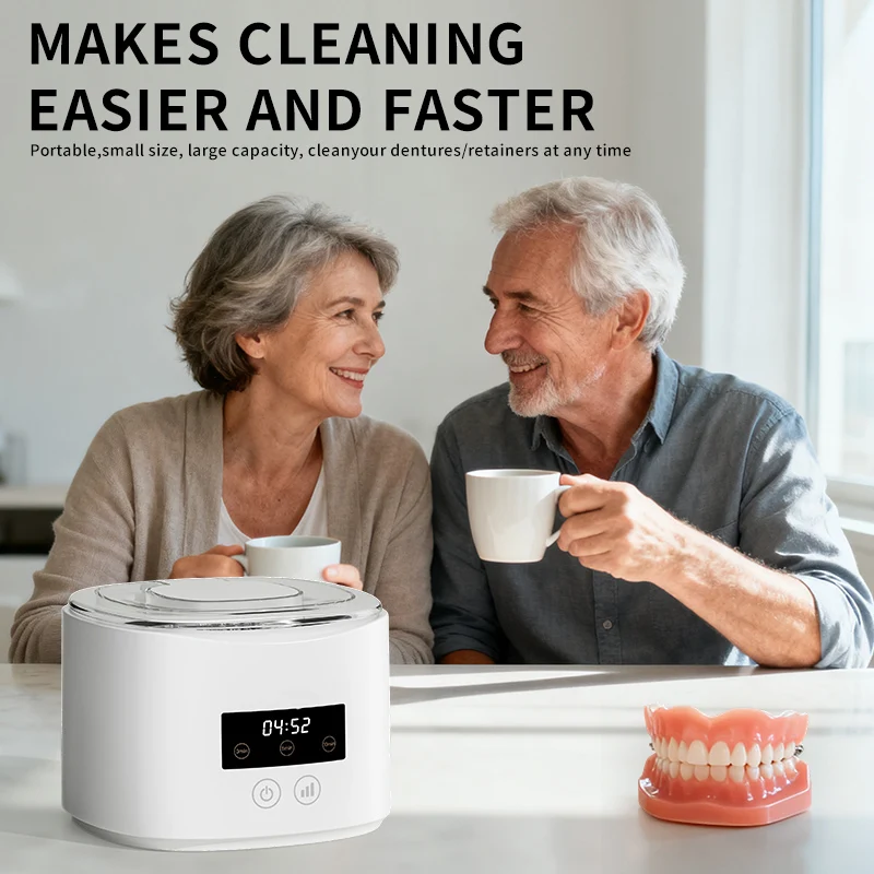 50KHz Sonic Cleaning Machine w/ Drain Basket & Tweezers, USB Rechargeable for Braces Aligners
