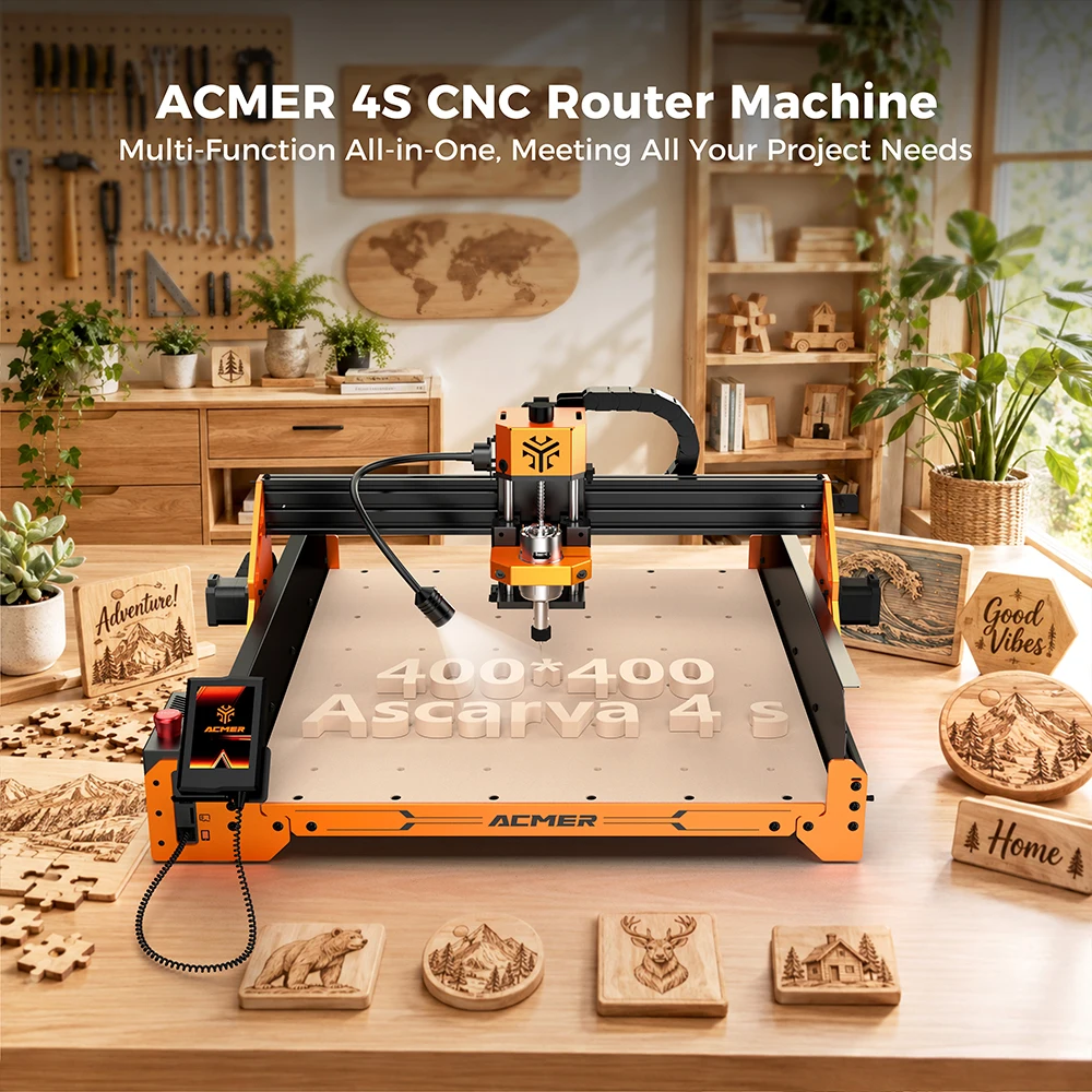 ACMER 4 S 70W CNC Router Machine 3 Axis Control LED Touchscreen Emergency-Stop Upgradable for Wood Plastic Acrylic 400*400*80mm