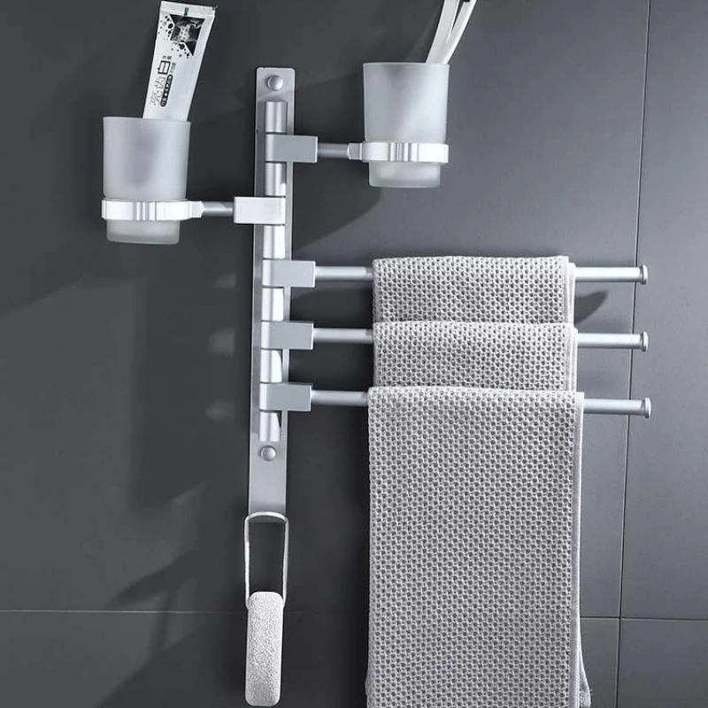 Wall Mounted Towel Holder Swing Hanger Bathroom Swivel Towel Bar Rotating Rack Stainless Steel with Hook Space