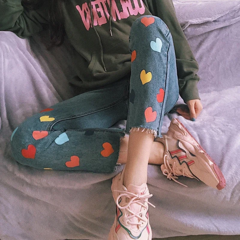 Colorful Heart Print Jeans Harajuku Mom Jeans High Waisted Denim Pants Women Autumn Winter Blue Baggy Trousers 90s Streetwears