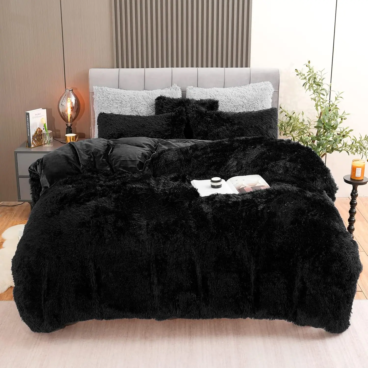 

Fluffy Plush Black Duvet Cover Set, Ultra Soft Velvet Fuzzy Bedding 4Pcs with Zipper Closure (Queen Size)