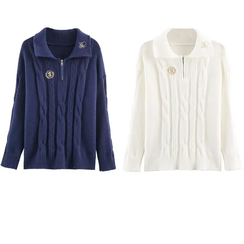 

Женская осенняя двухцветная вязаная рубашка-поло с вышивкой - модный повседневный пуловер с длинными рукавами и вышивкой