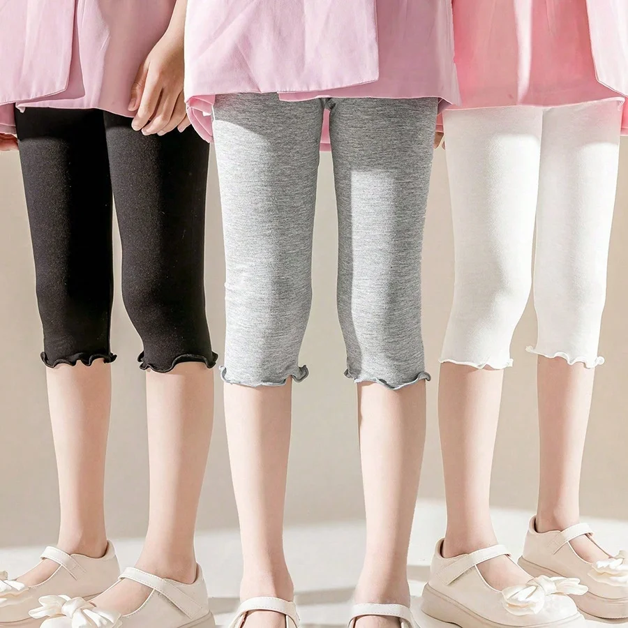 Summer Girls Sweet Style Leggings Kids Ruffle Trim Solid Color Calf-Length Pants Elastic Waist Breathable Children Trousers