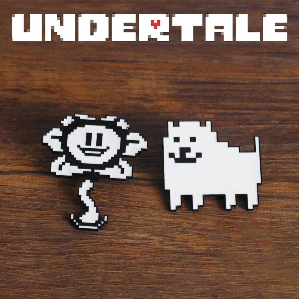 Game Undertale Flowey Cosplay Badge White Lapel Pins Sunflower Brooch Alloy Pixel Dog Jewelry Halloween Bag Accessories Props