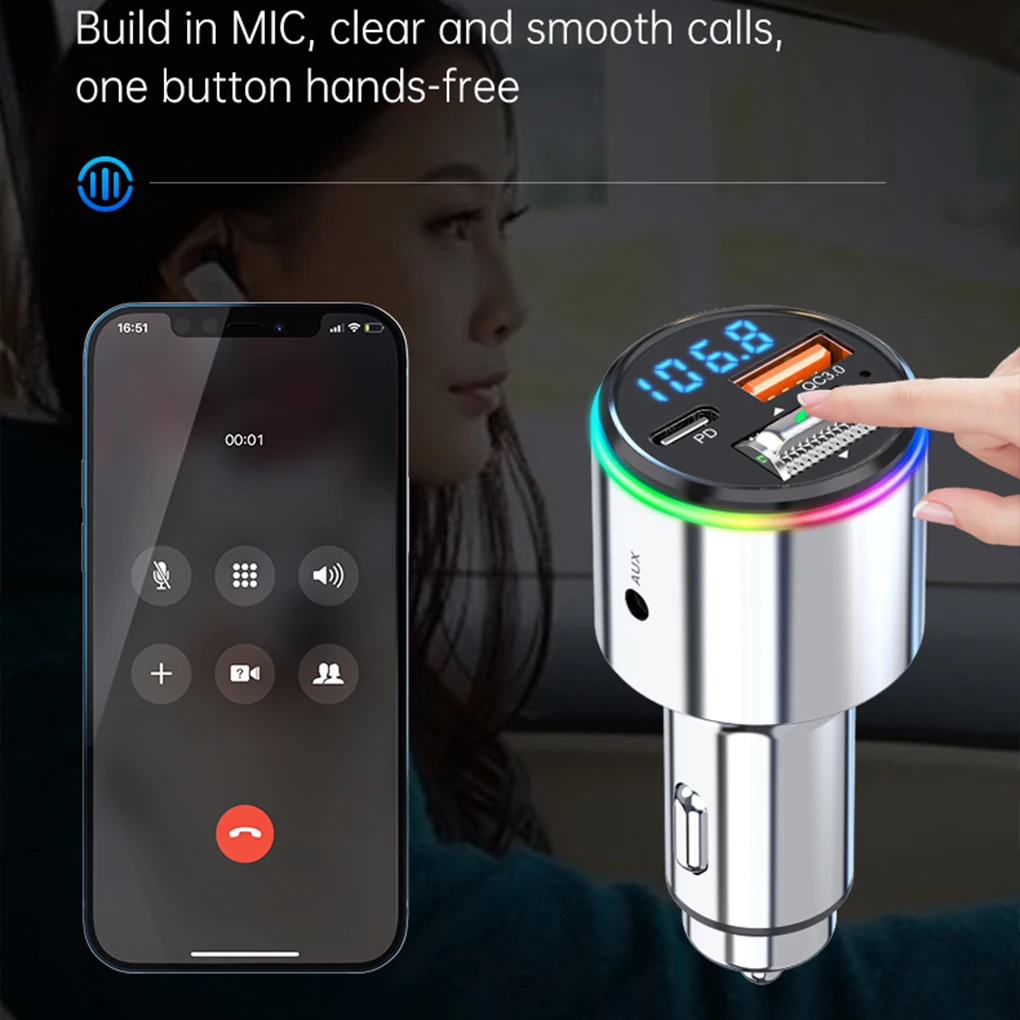 

Bluetooth FM Transmitter For Cars - Dual Core Processing Ambient Lights Activation AUX Input