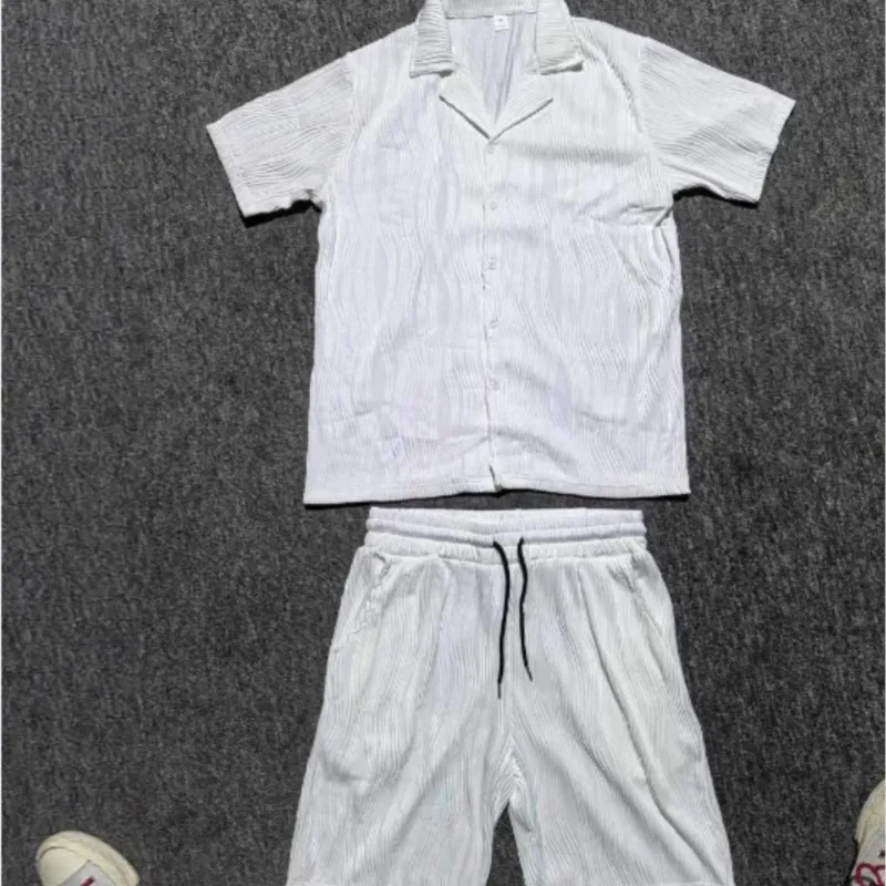 Hawaii Beach Suit Men's casual daily outdoor travel solid color jacquard lapel short-sleeved Shirt drawstring Shorts 2-pice Set