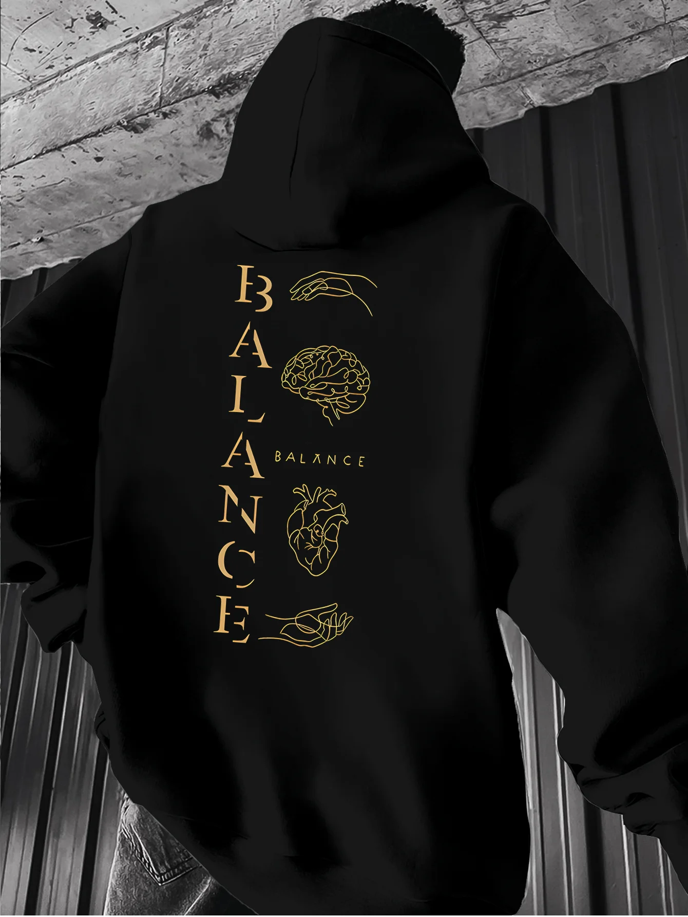 Men's hooded sweatshirts for autumn and winter, abstract minimalist style, gold thread print, everyday warmth, sporty, Y2K trend
